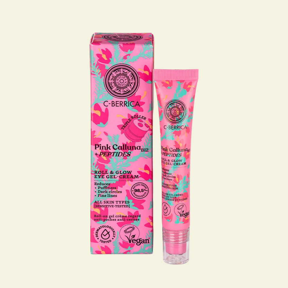 Contorno de ojos Roll & Glow Pink Calluna de Natura Siberica para piel sensible, hidrata, reduce bolsas y aporta luminosidad a la mirada.
