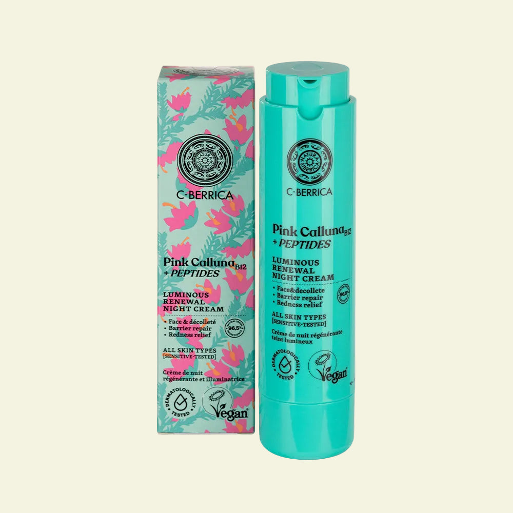 Crema de noche Pink Calluna de Natura Siberica. Regenera, hidrata y calma la piel sensible mientras mejora la luminosidad y previene las primeras arrugas. Ideal para rutina nocturna.