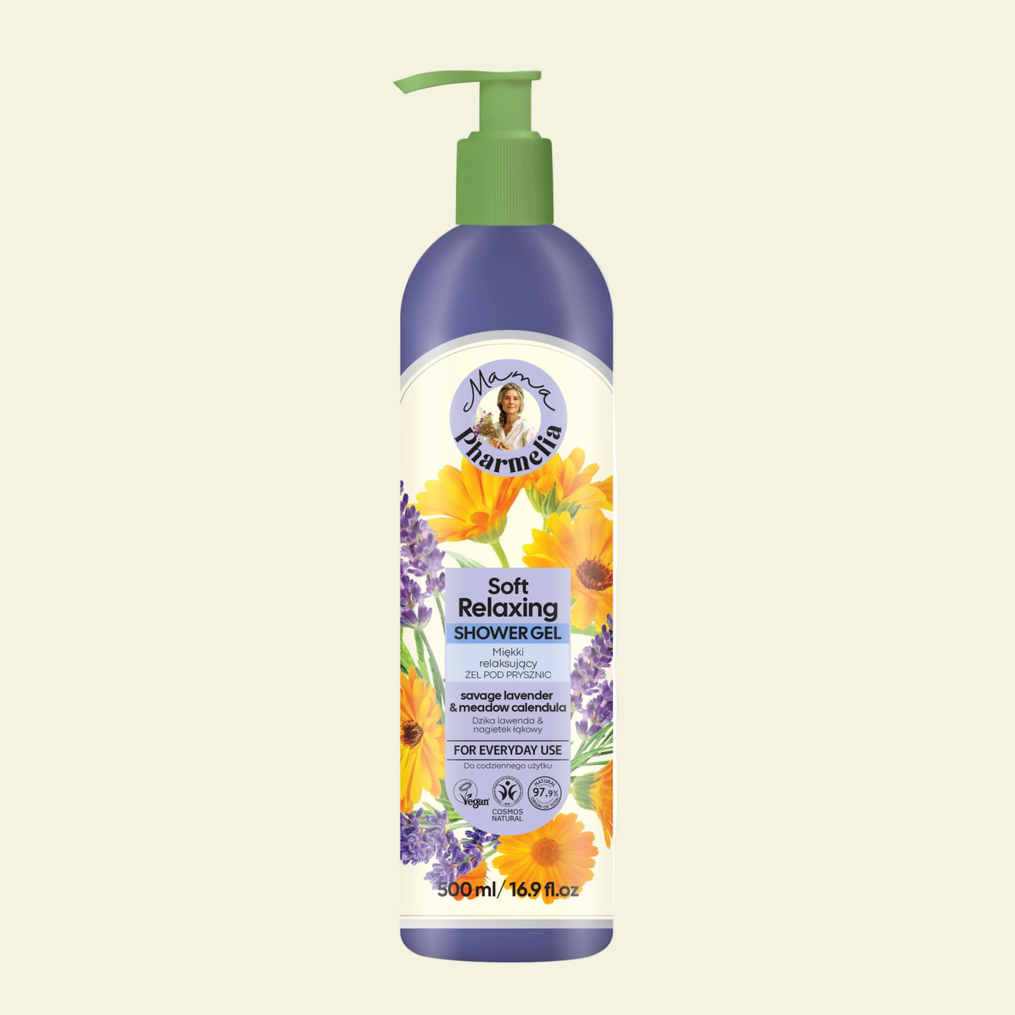 Gel de ducha Mama Pharmelia lavanda y caléndula relajante, limpia, calma y nutre la piel con aroma suave y reconfortante.