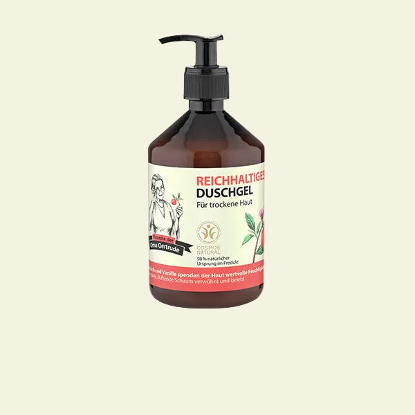 Gel de ducha nutritivo Oma Gertrude melocotón y vainilla, hidrata, suaviza y nutre la piel seca con aroma dulce y cremoso.