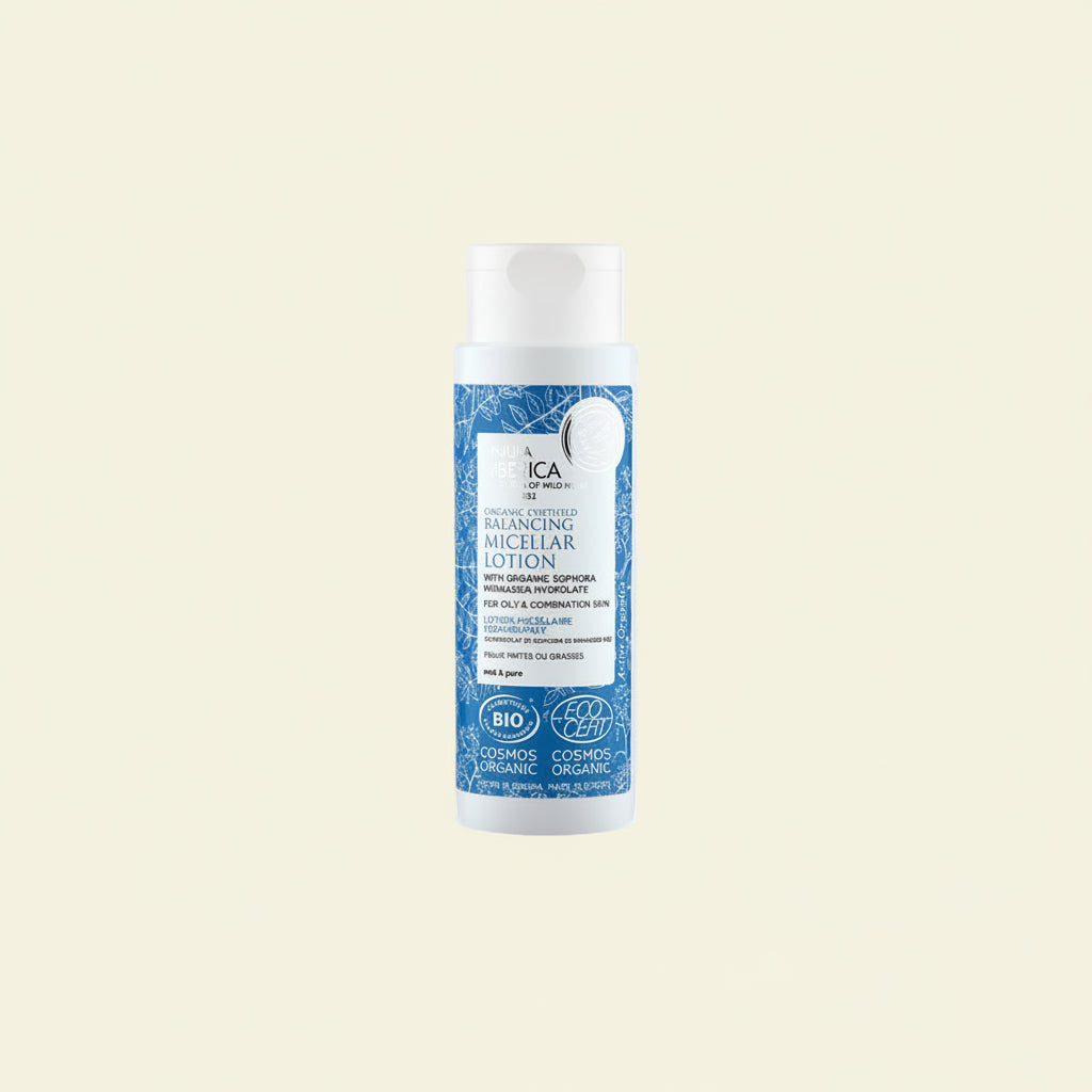 Loción micelar equilibrante Natura Siberica para piel mixta y grasa, limpiador facial y desmaquillante que purifica, regula el sebo y matifica la piel sin aclarado.