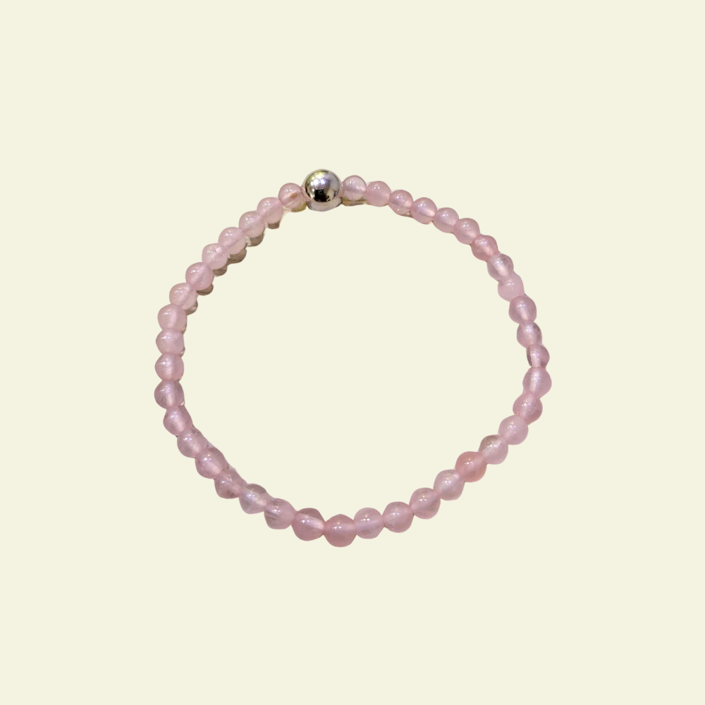 Pulsera de Cuarzo Rosa 4mm con bola de plata