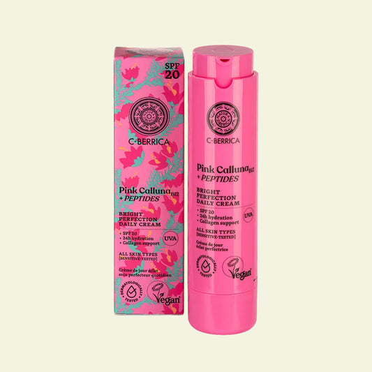 Crema de día SPF 20 Pink Calluna de Natura Siberica para piel sensible, hidrata, protege del sol, aporta luminosidad y previene primeras arrugas.