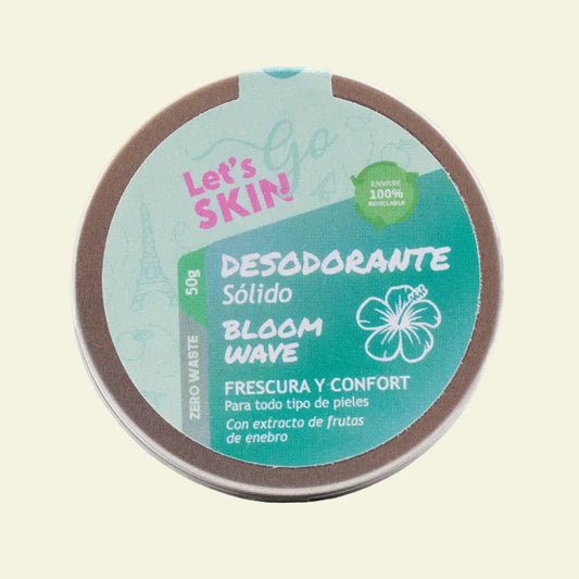 Desodorante sólido en crema Bloom Wave de Let’s Go Skin con extracto de bayas de enebro, fórmula vegana y envase Zero Waste de aluminio.