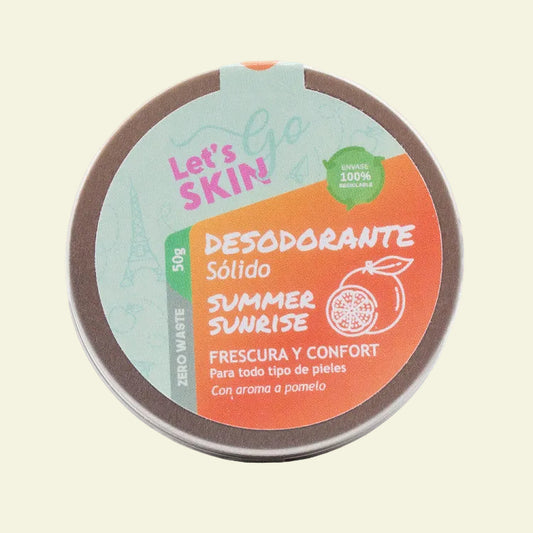 Desodorante sólido en crema Summer Sunrise de Let’s Go Skin con aroma natural a pomelo y envase Zero Waste de aluminio reutilizable.