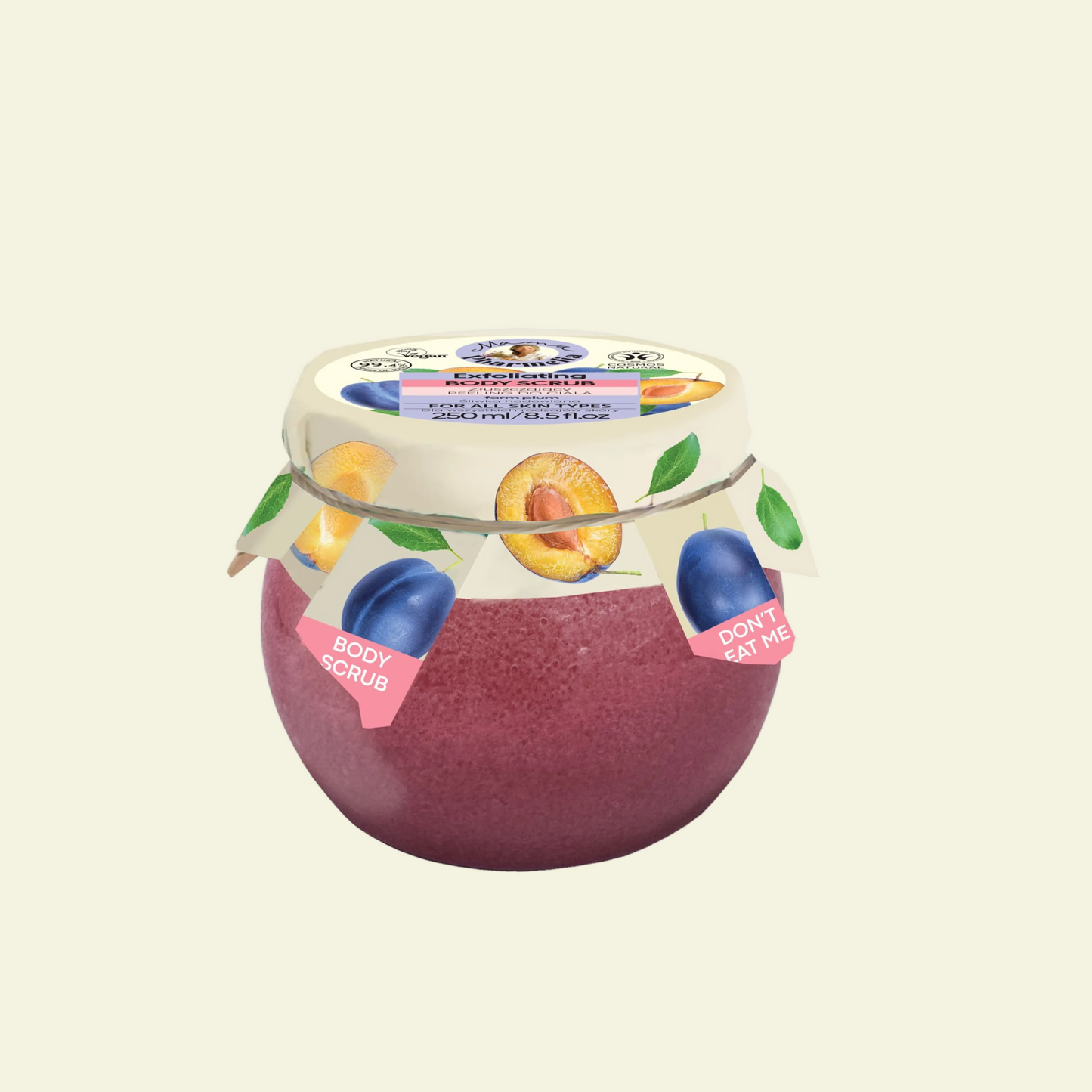 Exfoliante corporal Mama Pharmelia con ciruelas ecológicas. Exfoliación suave, hidrata y renueva la piel, dejándola fresca, uniforme y revitalizada.