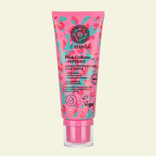 Exfoliante facial de micropartículas Pink Calluna de Natura Siberica para piel sensible, hidrata, calma y aporta luminosidad.