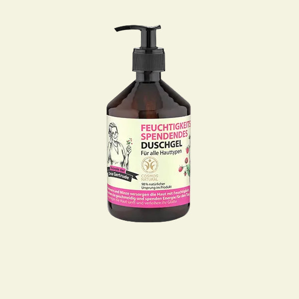 Gel de ducha hidratante Oma Gertrude frambuesa y menta, limpia suavemente, hidrata y refresca la piel con efecto revitalizante.