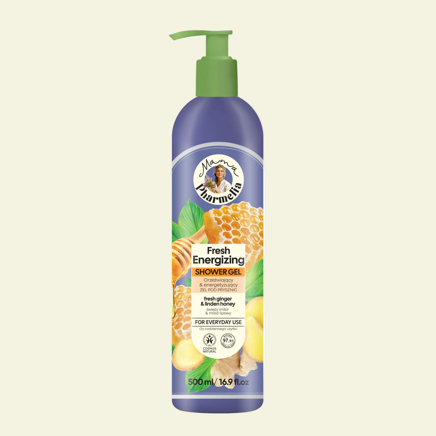 Gel de ducha Mama Pharmelia jengibre y miel de tilo energizante, limpia, hidrata y aporta luminosidad a la piel con aroma fresco.