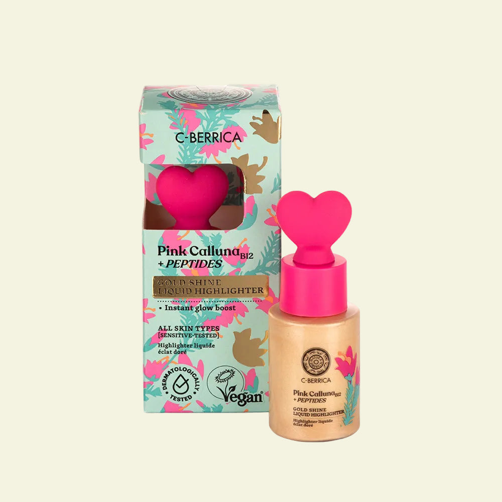 Iluminador líquido Pink Calluna Gold Shine de Natura Siberica con brillo dorado, aporta efecto glow intenso, hidrata y mejora la luminosidad de la piel.