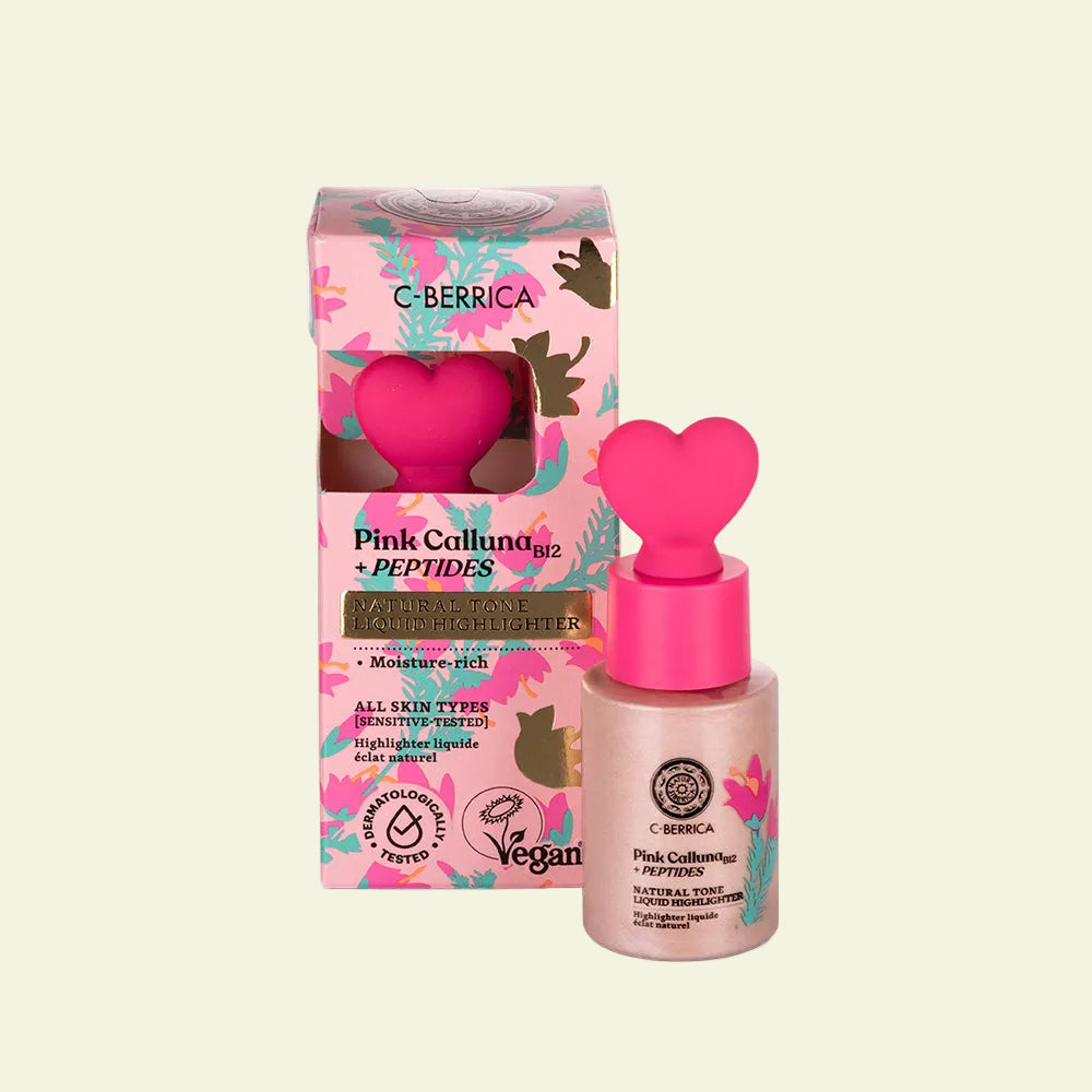 Iluminador líquido Pink Calluna Natural Tone de Natura Siberica con efecto glow natural, hidrata y aporta luminosidad sutil a la piel sensible.