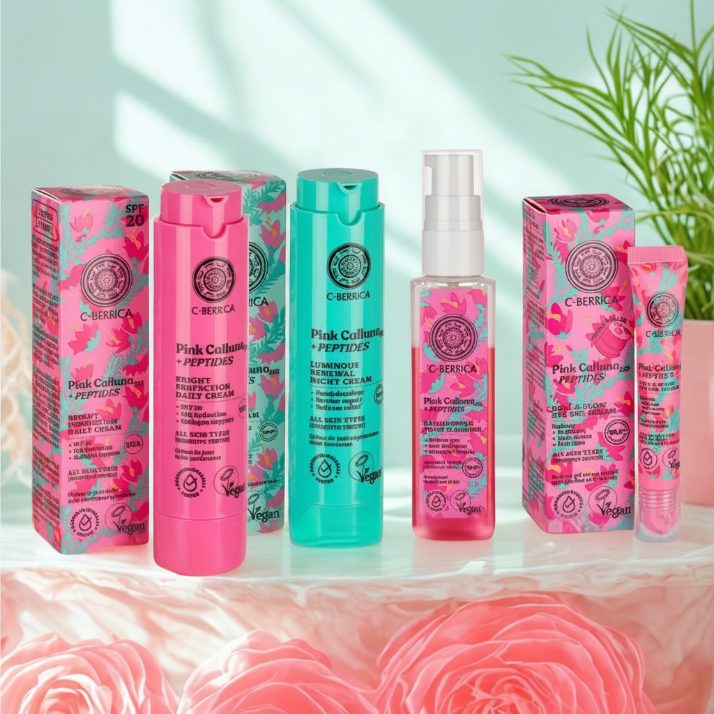Pack básico Pink Calluna de rutina facial de cosmética natural con espuma limpiadora, crema de día, crema de noche y contorno de ojos, ideal para piel joven que busca limpieza, hidratación, luminosidad y protección antioxidante.