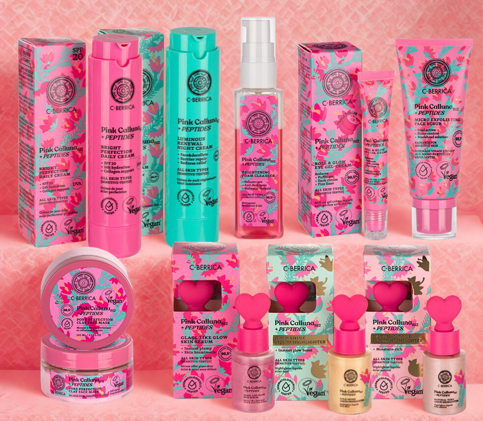 Colección Pink Calluna B12 + Péptidos: productos de cosmética natural facial con espino amarillo, calluna y vitamina B12 para piel radiante y anti-edad
